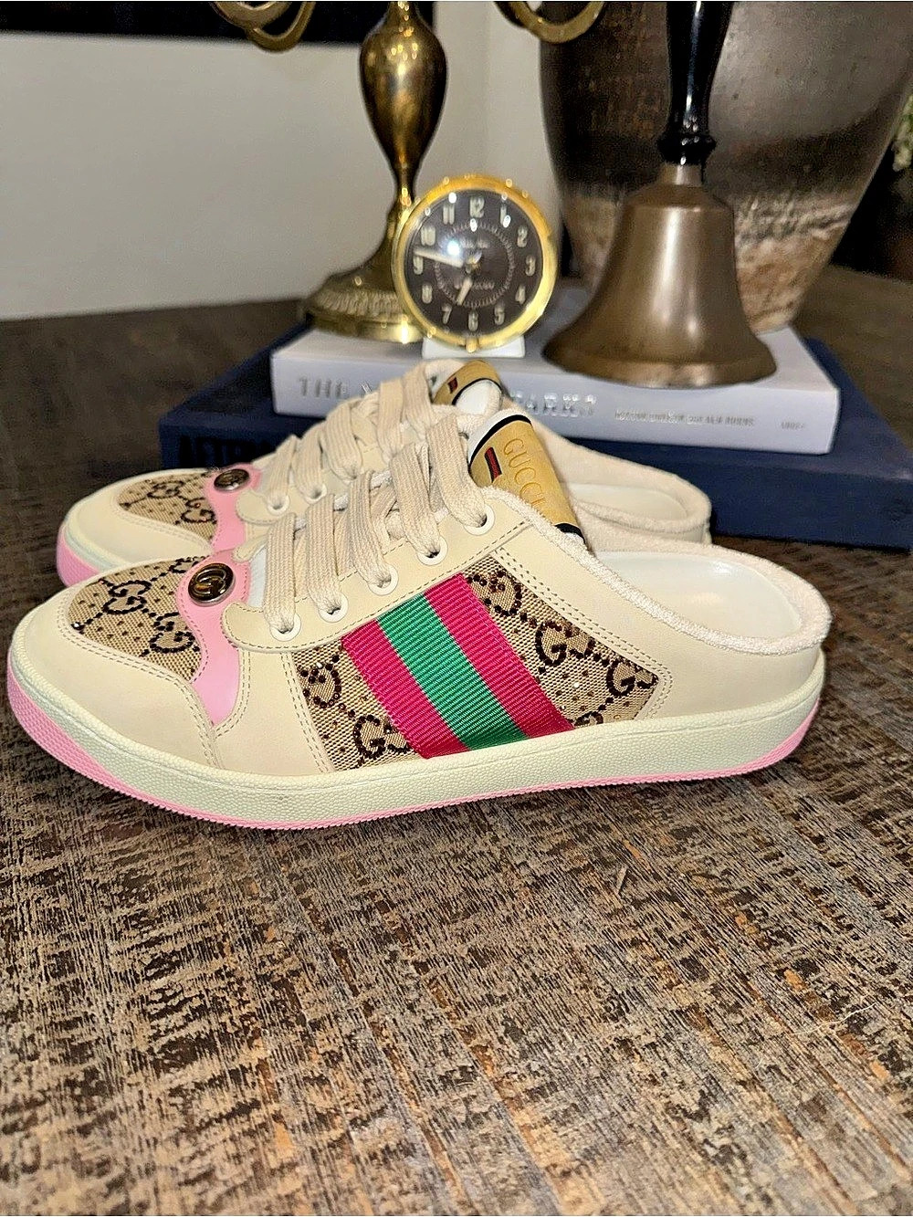 Gucci Women's Screener Mule in GG Canvas Cream & Pink EU 37 never worn!